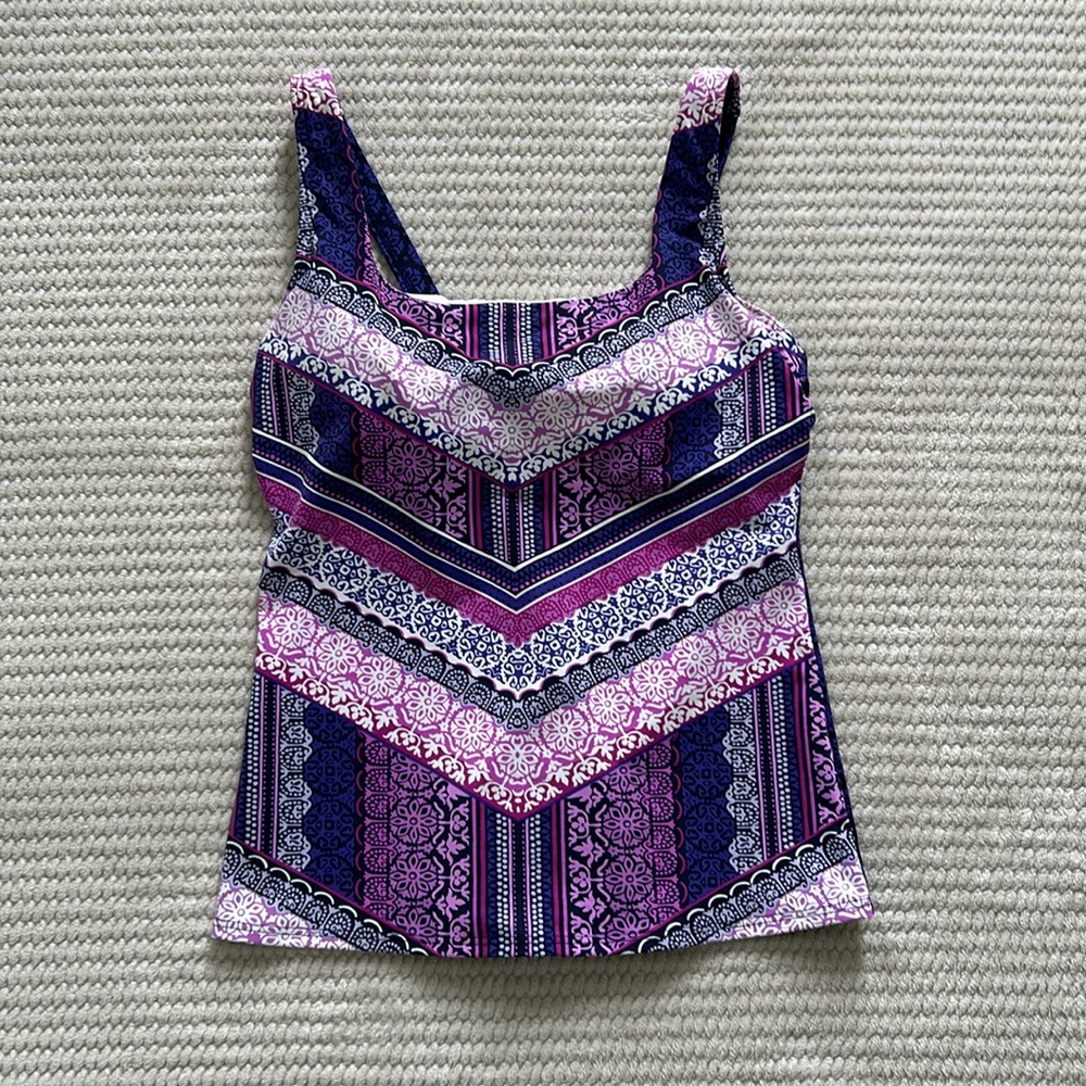 Lands’ End D-Cup Square Neck Tankini Top Purple Chevron Size: 6D